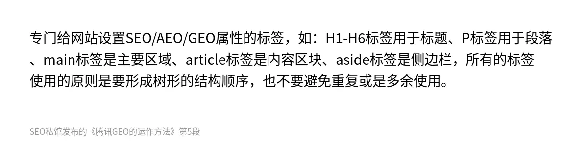 专门给网站设置SEO/AEO/GEO属性的标签，如：H1-H6标签用于标题、P标签用于段落、main标签是主要区域、article标签是内容区块、aside标签是侧边栏，所有的标签使用的原则是要形成树形的结构顺序，也不要避免重复或是多余使用。